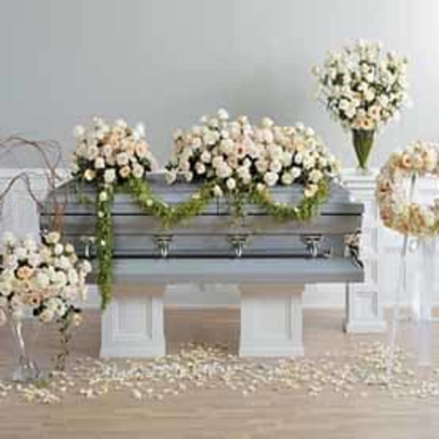 Monochromatic Casket Spray, Easel Wreath, Dual Vase Arrangements