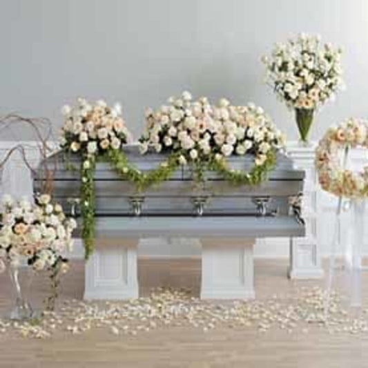 Monochromatic Casket Spray, Easel Wreath, Dual Vase Arrangements